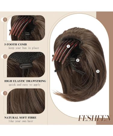 Feshfen Hair Part Dutt with Comb | Short Hair Horse Tail Chignon Extensions | Chestnut Brown Synthetic Hair for Women - Buy Online on GoSupps.com