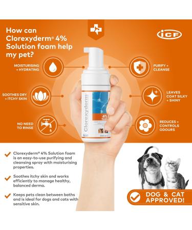 Clorexyderm 4% Foam Mousse Dry Shampoo for Dogs & Cats - Antibacterial & Antifungal - 100 ml - Relieves Dry Itchy Skin, Moisturizes & Softens Coat - Buy Online on GoSupps.com