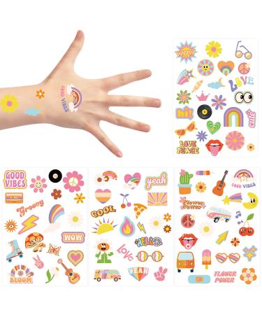 VERSRH 8pcs Groovy 70 s Temporary Tattoos  91 Design Cute Fake Tattoos for Kids Party Favor  Cartoon Waterproof Body Sticker Decoration  70 s Retro Hippie Theme Tattoo for Boys Girls Birthday Party