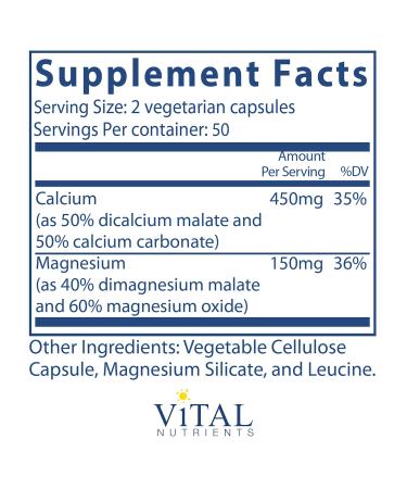 Vital Nutrients Calcium and Magnesium Capsules - Cardiovascular, Muscle, and Bone Support - 100 Vegetarian Capsules - 225mg/75mg - Buy Online on GoSupps.com
