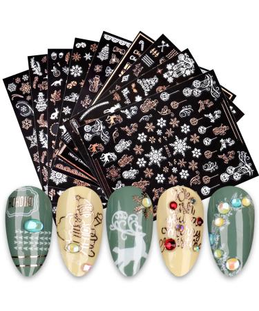 KALEFUL Christmas Nail Stickers 9 Sheets Self-Adhesive Nail Decal Snowflake Snowman Santa Claus Squirrel Tree Elk Rose Gold Winter Nail Art Decoration Design Supplies