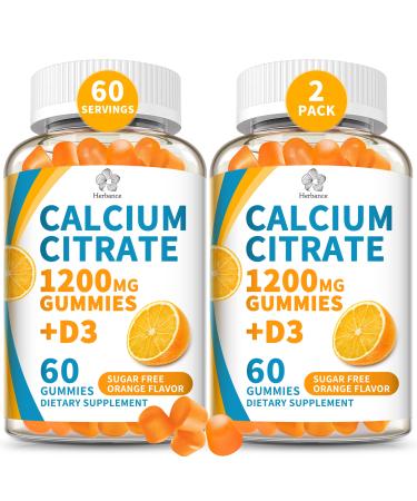 (2 Pack) Calcium Citrate 1200 mg Gummies with Vitamin D3 High Absorption Calcium Supplements for Women & Men Sugar Free Non-GMO Gluten Free Supports Muscle & Immune - Orange Flavor 60 Count (Pack of 2)