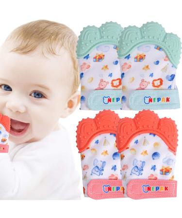 NEPAK Teething Mitten 2 Pairs-Baby Glove Stimulating Teether Toys for Boys & Girls-Teething Glove for Child (Cartoon Puppet Coral and Mint Colours) Cartoon Puppet Coral+Mint Colours