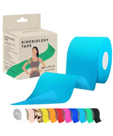 Kinesiology Tape 5m Roll - Sports K Tape for Knee/Muscle Support - Adhesive Uncut Sports & Physio Tape to Improve Blood Circulation Swelling Pain-Relief (Light Blue)