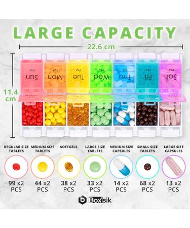 BoxSik 7-Day Pill Organizer - Rainbow 14 Compartments Medication Doser with Removable Sections for Morning & Evening Use - Buy Online on GoSupps.com