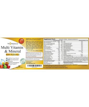 Saz Whole Foods Multivitamin with Probiotics for Women & Men - 90 Tablets - Vitamin & Mineral Supplement with Probiotics, Vitamin A, B-Complex, C, D3 & Zinc - Buy Online on GoSupps.com