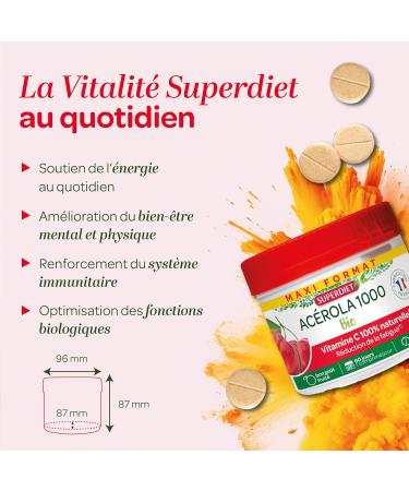 SUPERDIET- ACEROLA 1000 ORGANIC - High concentration of Vitamin C - Reduction of fatigue - Maxi pot of 60 chewable tablets - Buy Online on GoSupps.com