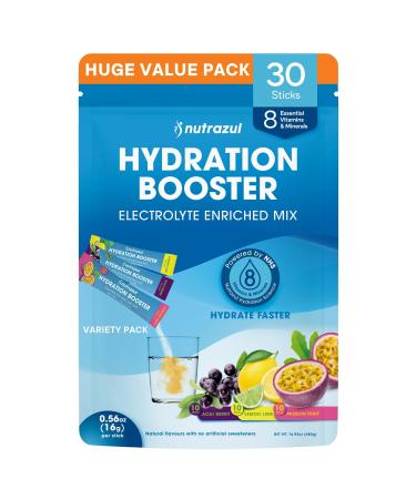 nutrazul Hydration Booster Electrolytes Powder Sticks with Sodium Potassium Vitamin B6 & B12 No Artificial Sweeteners Acai Berry Lemon Lime & Passion Fruit Flavor 30 Sticks (Pack of 3 x 10) Acai Berry Lemon Lime a