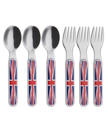 EXZACT Union Jack Kids Cutlery 6pcs Stainless Steel 18/10 Toddler Children's Cutlery - 3 x Forks 3 x Spoons - BPA Free - Dishwasher Safe - Union Jack Union Jack X 6