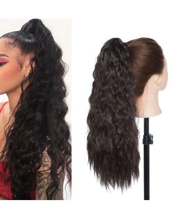 Long Curly Drawstring Ponytail Clip in Wavy Natural Ponytail Hair Extension Hairpieces for Black Women 18 Inches Dark Brown