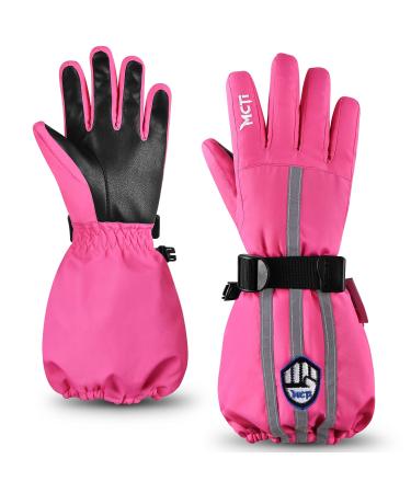 MCTi Kids Gloves Waterproof Winter Warm Snow Ski Gloves Long Cuff Fleece Lined with Reflective Strap Pink XX-Small(Fits 5-7 years)