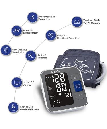 Alcedo Upper Arm Blood Pressure Monitor with Wide-Range Cuff and Backlit Screen - 2x120 Reading Memory, Talking Function - Ideal for Home Use - Buy Online on GoSupps.com