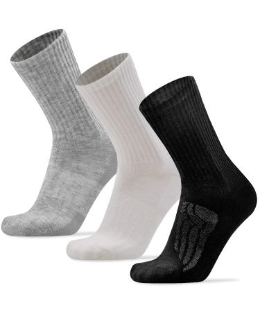 Busy Socks 3 Pack Men's Merino Wool Hiking Crew Socks Womens Warm Thick Cushioned Outdoor Athletic Socks for Walking Running Large-X-Large 3 Pairs Black+white+light Grey