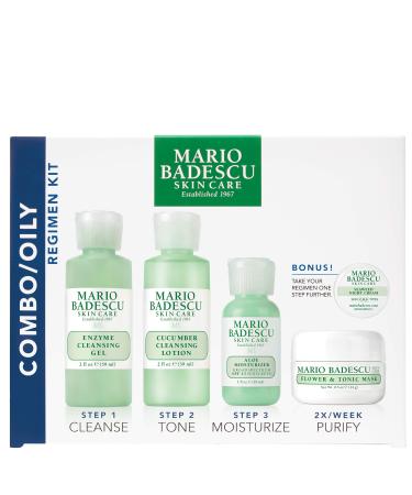 Mario Badescu Combo/Oily Regimen 5 Piece Kit Skincare Gift Set Includes Enzyme Cleansing Gel Cucumber Cleansing Lotion SPF 15 Aloe Moisturizer Flower & Tonic Mask and Seaweed Night Cream
