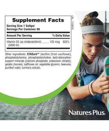 Nature's Plus Immune Vitamin D3 125 mcg (5000 IU) - 60 Softgels for Immune Support - Buy Online on GoSupps.com
