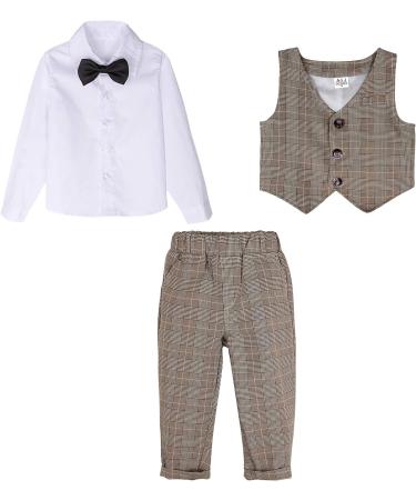Khaki Plaid Boys Gentleman Suit Set | Long Sleeve Shirt with Bowtie + Waistcoat + Pants | Size 2-3 Years - Buy Online on GoSupps.com