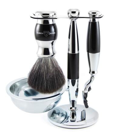 Edwin Jagger 4pc set Compatible With Gillette Mach3 Cartridge Shaving Brush Black Synthetic Fibre With Stand Chrome Plated (Imitation Ebony)