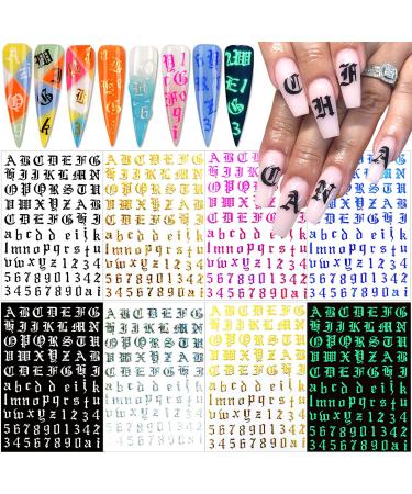 Letter Nail Art Stickers Number Nail Decals Nail Art Supplies Old English Alphabet Nail Sticker Designs Holographic English Font Letters Stickers for Acrylic Nails Decorations (8 Sheets) A2