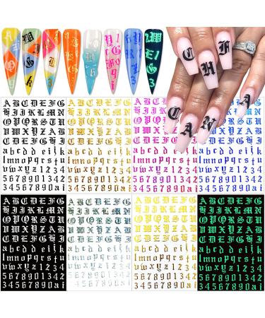 Letter Nail Art Stickers Number Nail Decals Nail Art Supplies Old English Alphabet Nail Sticker Designs Holographic English Font Letters Stickers for Acrylic Nails Decorations (8 Sheets) A2