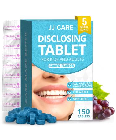 JJ Care Plaque Disclosing Tablets for Teeth - 150 Count Grape Flavored Disclosing Tablets for Kids and Adults 5 Month Supply of Teeth Coloring Individually Wrapped Plaque Tablets