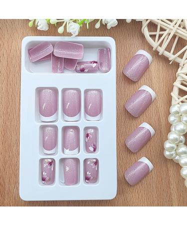 Buy Medium Length Press On Nails - White French Tip & Floral Design | 24 Pcs Square Acrylic Fake Nails for Girls - International Shipping Available - Buy Online on GoSupps.com