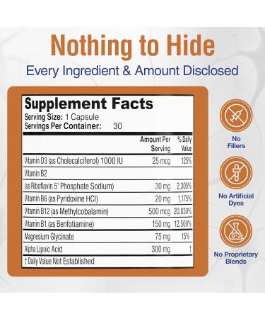 RevitaNerve Nerve Support Supplement with 300mg Alpha Lipoic Acid Vitamin D3 Vitamin B1 B2 B6 B12 & Magnesium Glycinate One-per-Day Neuropathy Supplement Daily Nutrient Blend 30 Capsules - Buy Online on GoSupps.com