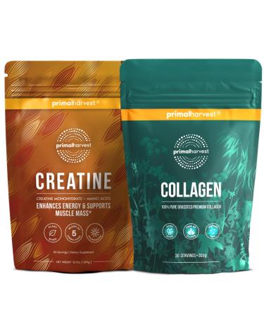 Primal Creatine Powder + Collagen Powder Bundle | 2-Pack | Muscle Recovery Strength and Performance| Unflavored 30 Servings Each