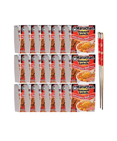 Ja Cor Instant Lunch Ramen Noodle Soup Hot and Spicy Beef Flavor Cup Noodles 2.25 oz Bulk Pack Bundle with 1-Set of Reusable Stainless Steel Chopsticks(18 Packs)
