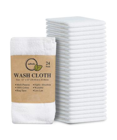 Softolle 100% Cotton Ring Spun Wash Cloths  Bulk Pack of Washcloths  12x12 Inches  Wash Cloth for Face, Highly Absorbent, Soft and Face Towels (White, 24 Pack) White 24 Pack