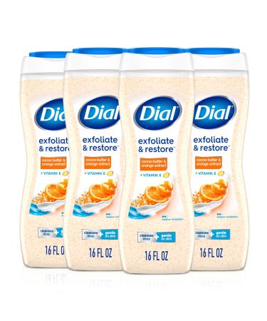 Dial Body Wash Exfoliate & Restore Cocoa Butter & Orange Extract 16 Fl Oz Pack of 4 With Vitamin E Gentle Leaves Skin Feeling Nourished Dermatologist-Tested No Parabens & Sulfates