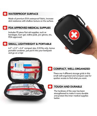 Alysontech Mini First Aid Kit - 100 Pieces in Water-Resistant Case for Travel, Outdoor, Home, Office - Compact Emergency Kit for Camping, Hiking, Car - Black - Buy Online on GoSupps.com