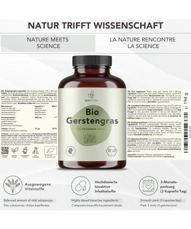 BIONUTRA Organic Barley Grass Capsules Highdose 4800 mg daily dose residuefree controlled German production vegan without additives organic barley grass powder 270 pieces x 600 mg 270 x 500 mg capsules - Buy Online on GoSupps.com