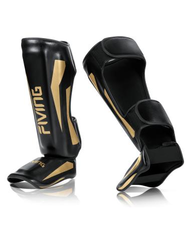 FIVING Martial Arts Shin Guards,Microfiber Leather, Padded, Adjustable Leg Guards with Instep Protection for Muay Thai, Kickboxing, MMA Training, , Sparring, Professional Boxing Equipment Black-Gold Large