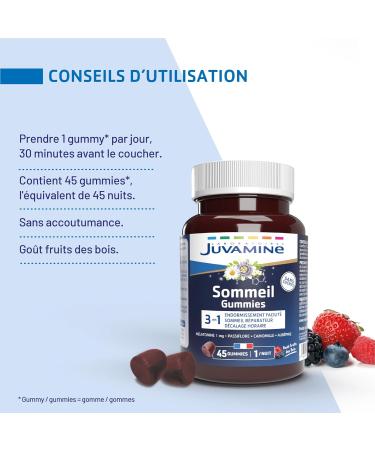 JUVAMINE - Gummies Sommeil- Endormissement facilit - Sommeil r parateur - D calage horaire - Passiflore - Camomille - Aub pine - M latonine - 45 Gummies - Fabriqu en France - Buy Online on GoSupps.com