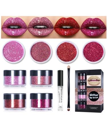 FREEORR 4 Colors Glitter Lip Kit, Diamond and Glitter Metallic Lipstick, Waterproof Long Lasting & Smudge Proof Glitter Color Lip Makeup, with Transparent Lip Primer-Red Color