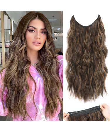 Halo Hair Extensions with Adjustable Transparent Headband Size 4 Secure Clips Long Wavy Invisible Wire Secret Hairpieces 20 Inch Honey Blonde Mixed Light Brown Hair Extensions for Women