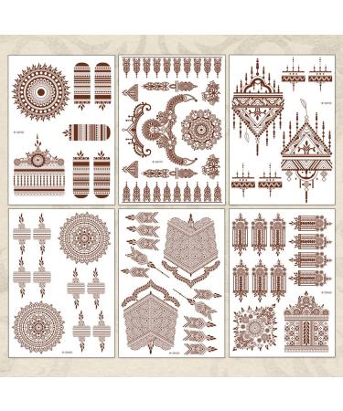 Exquisite Brown Flower Lace Henna Temporary Tattoos for Women - Waterproof & Removable - 6 Sheets - Buy Online on GoSupps.com