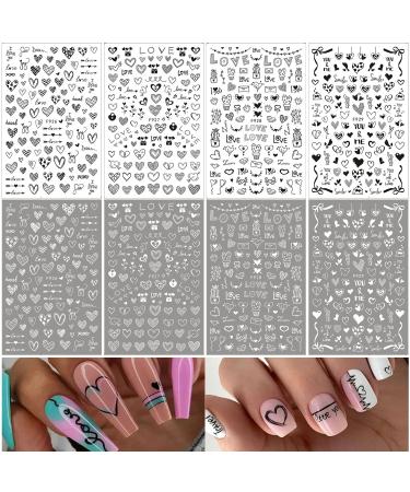 3D Heart Nail Art Stickers - Self-Adhesive Black White Hearts Decals for Acrylic Nails - Valentines Nail Decorations - For Women, Girls, Kids - 8 Sheets - Buy Online on GoSupps.com