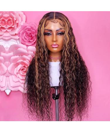 Giannay Highlight Lace Front Wigs for Black Women Deep Curly Wave Glueless Lace Wig Synthetic Wigs Pre Plucked Natural Hairline Mixed Brown (Highlight lace front wig 24")