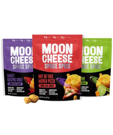 Moon Cheese Space Spice Variety Pack Crunchy Protein-Rich Cheese Snack Keto Friendly 100% Real Cheese Low Carb Gluten-Free Low Sugar 2 Oz bags (Pack of 3 1 of Each Flavor) Variety (Pizza Lime Chili)