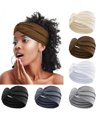 AWUMBUK Extra Wide Headbands for Women 7 Inches Wide Head Bands Bandana Headband Knot Hair Band African Hair Accessories Hair Wraps 6 Pcs(Brown) Multi-colored-2