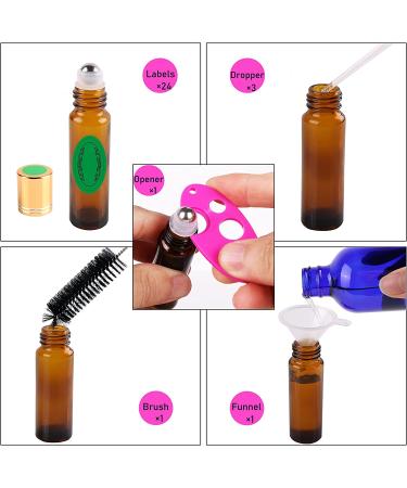 24 Pack Inice Roller Bottles for Aromatherapy Essential Oils - Amber Glass 10ml Refillable Containers with Accessories and Roller Ball - Buy Online on GoSupps.com