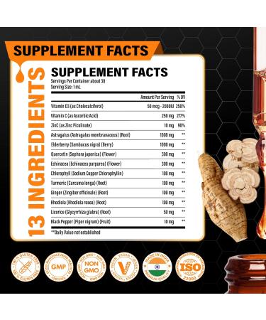 Tenmido 13-in-1 Immune Support Supplement Liquid Drops with Astragalus Elderberry Quercetin Echinacea Chlorophyll Turmeric Ginger Rhodiola Licorice and More - 30ml 1 Fl Oz - Buy Online on GoSupps.com