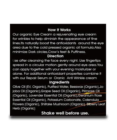 Organic Eye Cream for Dark Circles, Puffiness, Wrinkles & Bags | USDA Certified with Calendula, Bilberry & Shiitake Mushroom - pH Balancing - Buy Online on GoSupps.com