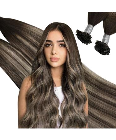 UGEAT Flat Tip Hair Keratin Hair extension 55cm Keratin Real Hair Extensions Bonding Balayage Dark Brown to Ashblond and Braun 4/18/4 Keratin Tip Hair Extensions 1Gram*50 strands 22 inch 3rd Flat Tip #4/18/4