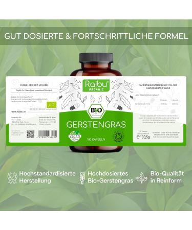 Raibu Organic Barley Grass Capsules - 3600mg Daily Dose 180 Vegan Capsules Certified Organic Ecologically Cultivated Lab Tested - Made in Germany - Buy Online on GoSupps.com