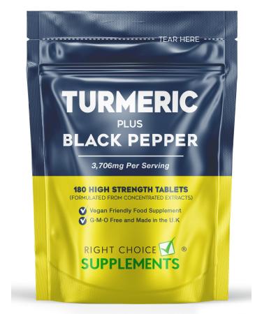 Turmeric Tablets 3200mg with Black Pepper | 180 High Strength Curcumin Supplements | Turmeric and Black Pepper Tablets (Not Turmeric Capsules or Powder) | Vegan and Gluten Free | UK Made