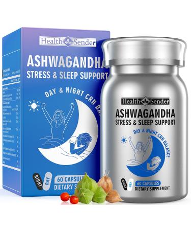 Adrenal & Stress Support with Ashwagandha, Rhodiola, Melatonin, and Herbal Blend Day & Night Support for Calm, Focus & Restful Sleep for Women & Men 60 Count (Pack of 1)