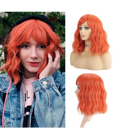 FAELBATY Short Bob Wigs With Air Bangs Shoulder Length Women's Short Wig Curly Wavy Synthetic Cosplay Wig Orange Bob Wig for Girl Costume Wigs Orange Color