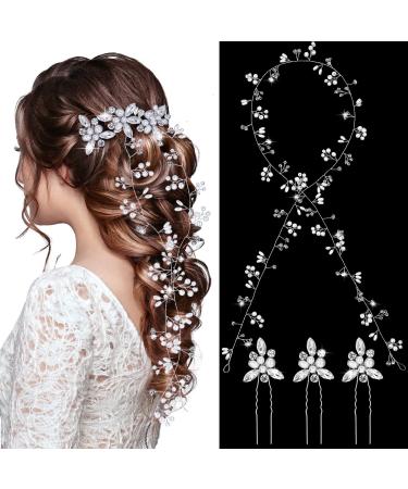 Chuangdi 5 Pieces Bride Wedding Hair Vine Extra Long Pearl and Crystal Beads Crystal Bridal Hair Accessories Crystal Rhinestone Hair Pins Wedding Head Piece for Women and Girls  Silver